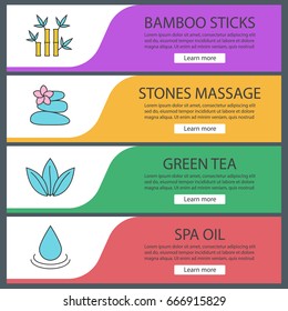 Spa salon web banner templates set. Bamboo sticks, stones for massage, loose tea leaves, aromatherapy oil drop. Website color menu items. Vector headers design concepts