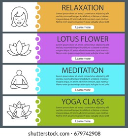 Spa salon web banner templates set. Woman with closed eyes, yoga asanas, lotus flower. Website color menu items with linear icons. Vector headers design concepts