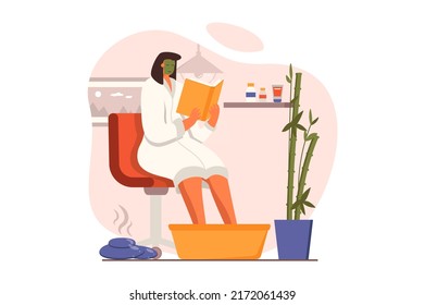 Spa salon web concept in flat design. Woman in bathrobe receives foot and heel care bath procedure, enjoys facial mask and reads book in cosmetology clinic. Vector illustration with people scene