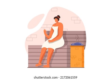 Spa salon web concept in flat design. Woman in towel sits on wooden bench in hot sauna, sweats and receives body skin care. Cosmetology and hygiene procedure. Vector illustration with people scene