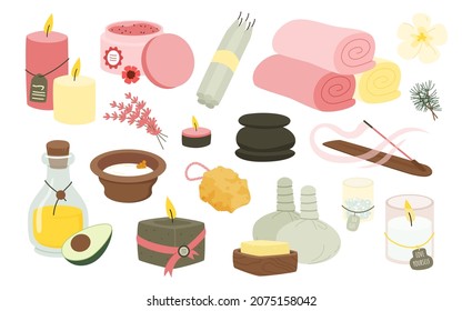 Spa salon wellness set vector illustration. Cartoon collection with oil and relax stones for massage, candle for zen therapy and treatment, natural frangipani flowers and bath towels isolated on white