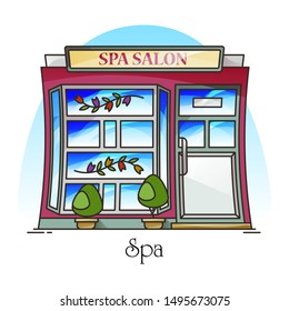 Spa salon or woman beauty building, parlour or parlor. Structure for manicure and face cleaning, body waxing and massage, pedicure or peeling, chiropody. Facade of women structure, exterior view