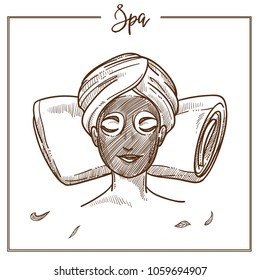 SPA salon woman facial mask treatment vector sketch icon