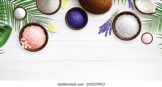 Spa salt composition with realistic images of palm leaves lemon slices and colorful salt in dishes vector illustration