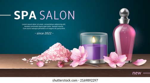 Spa salts poster. Relaxing body procedures, realistic cosmetics bath products, skin care banner, peeling and aromatherapy, candle and bottle of perfume or oil, utter vector concept