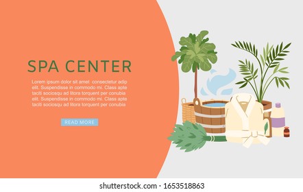 Spa and sauna center banner vector illustration. Sauna and bath accessories web banner. Buckets, brooms, soaps and bathing cloth with plants and steam for relaxing in sauna.