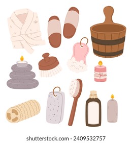 Spa Sauna Collection. Wooden Bucket, Ladle, Aromatic Oil, Robe and Slippers. Pumice, Luffa, Candle and Massage Stones with Brush. Isolated Items for Relaxation and Hygiene. Cartoon Vector Illustration