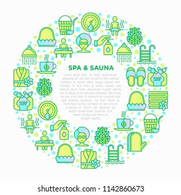 Spa & sauna concept in circle with thin line icons: massage oil, towels, steam room, shower, soap, pail and ladle, herbal tea, birch, whisk, spa treatments. Modern vector illustration.