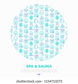 Spa & sauna concept in circle with thin line icons: massage oil, towels, steam room, shower, soap, pail and ladle, hygrometer, herbal tea, birch, whisk. Vector illustration, print media template.