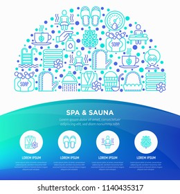 Spa & sauna concept in half circle with thin line icons: massage oil, towels, steam room, shower, soap, pail and ladle, hygrometer, swimming pool, facial mask. Vector illustration, web page template. 