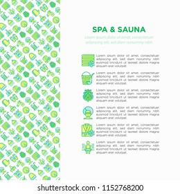 Spa & sauna concept with thin line icons: massage oil, towels, steam room, shower, soap, pail and ladle, hygrometer, swimming pool, herbal tea, birch. Modern vector illustration, print media template.