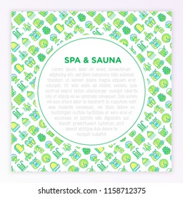 Spa & sauna concept with thin line icons: massage oil, towels, steam room, shower, soap, pail and ladle, hygrometer, swimming pool, herbal tea, spa treatments, facial mask. Vector illustration.
