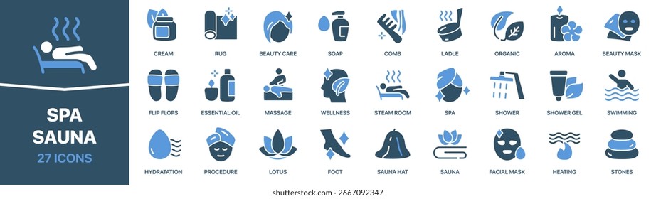 Spa and sauna icon collection. These icons highlight relaxation, massage, beauty care, and wellness treatments. Perfect for spa centers, beauty salons, and health related projects