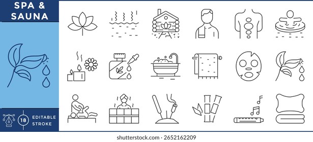 Spa and Sauna icons set. Lotus, hot steam bath, cabin, massage therapy, hot stones, candle, face mask, herbal medicine, and many more. Vector editable stroke.