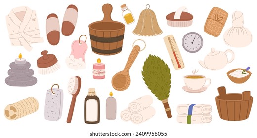 Spa Sauna Items Collection Featuring Plush Towels, Aromatic Essential Oils, Wooden Ladle and Pail, Robe, Oak Broom or Tea with Candle For Relaxation And Rejuvenation. Cartoon Vector Illustration