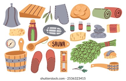 Spa Sauna Items Collection Featuring Plush Towels, Aromatic Essential Oils, Wooden Ladle and Pail, Robe, Oak Broom or Tea with Candle For Relaxation And Rejuvenation. Cartoon Vector Illustration