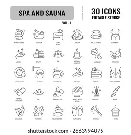 Conjunto de iconos editables de la línea de spa y sauna. Trazo editable. Ilustración vectorial