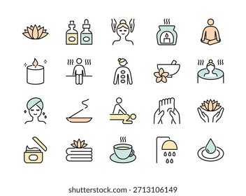 Conjunto de iconos de línea de spa y sauna.  Ilustración vectorial de color