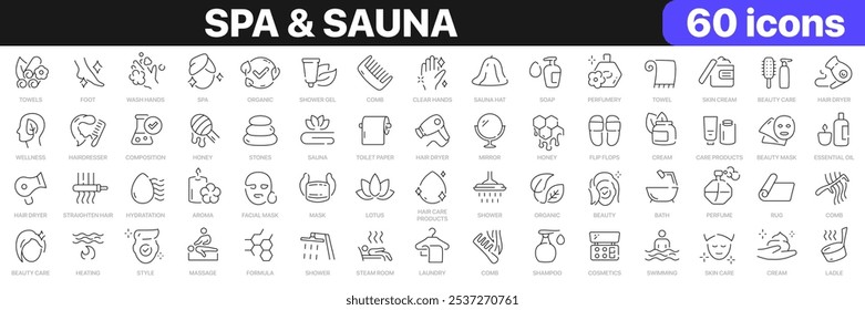 Spa and sauna line icons collection. Cosmetics, beauty, skin care, massage, hair dryer icons. UI icon set. Thin outline icons pack. Vector illustration EPS10