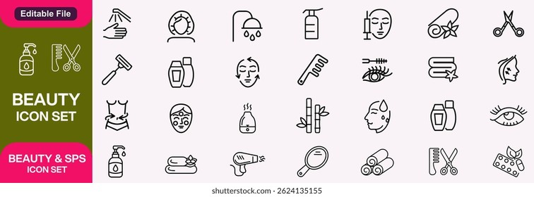 Spa and sauna line icons collection. Cosmetics, beauty, skin care, massage, hair dryer icons. UI icon set. Thin outline icons pack, and icon set...
