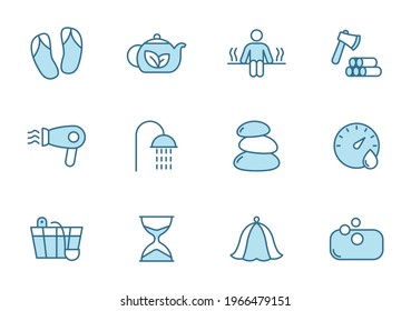 spa and sauna line vector icons in two colors isolated on white background. spa and sauna blue icon set for web design, ui, mobile apps and print