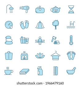 spa and sauna line vector icons in two colors isolated on white background. spa and sauna blue icon set for web design, ui, mobile apps and print
