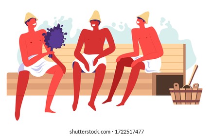 Spa and sauna procedures for men body wellness and beauty. Skin care and treatment with hot water and steam. Male characters holding bath broom and wearing felt hats sitting on wooden benches vector