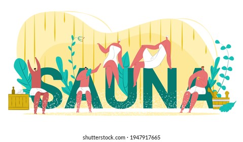 Sauna mit Zeichendesign, Vektorgrafik. Gesundes Heissbad Konzept, Pflegetherapie Symbol für die Menschen Mann Frau Freizeit und Entspannung.