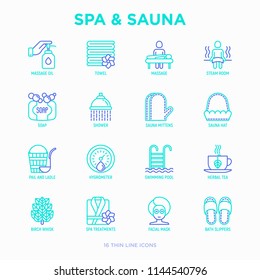 Spa & sauna thin line icons set: massage oil, towels, steam room, shower, soap, pail and ladle, hygrometer, swimming pool, herbal tea, birch, whisk, facial mask. Modern vector illustration. 