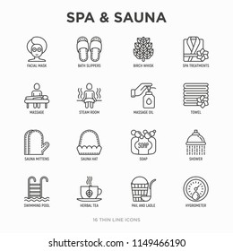 Spa, sauna thin line icons set: massage oil, towels, steam room, shower, soap, pail and ladle, hygrometer, swimming pool, herbal tea, birch, whisk, spa treatments, facial mask. Vector illustration. 