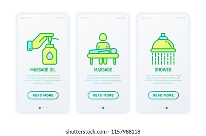 Spa & sauna thin line icons set: massage oil, massage, shower. Vector illustration or user mobile app. 