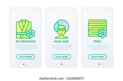 Spa & sauna thin line icons: bathrobe, spa treatments, towels, face mask. Vector illustration for user mobile app.