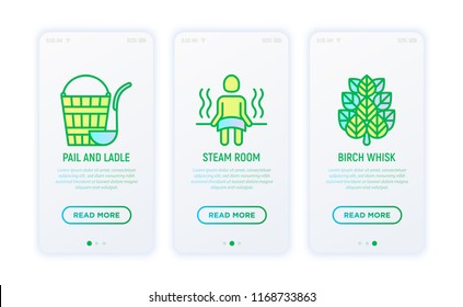 Spa & sauna thin line icons set: steam room, shower, pail and ladle, birch whisk. Modern vector illustration.