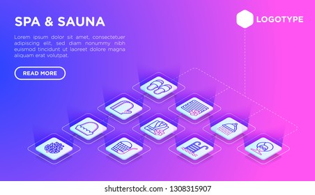 Spa & sauna web page template with thin line isometric icons: towels, steam room, shower, pail and ladle, swimming pool, birch, spa treatments, facial mask. Modern vector illustration. 