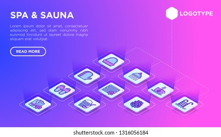 Spa, sauna web page template with thin line isometric icons: towels, steam room, shower, pail and ladle, swimming pool, birch, spa treatments, facial mask. Modern vector illustration. 