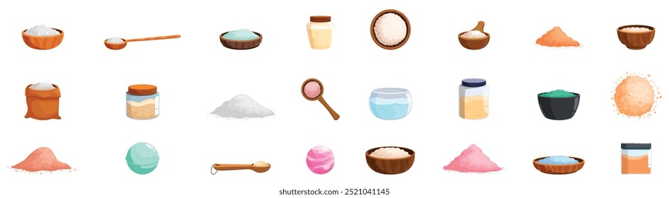 Spa sea salt icons set. Collection of various sea salt icons depicting different forms, containers, and applications of this versatile ingredient