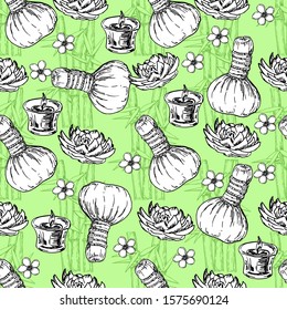 Spa seamless pattern. Vector seamless pattern with aromatherapy elements like candles, flowers, lotus and so on background