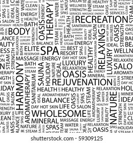 SPA. Seamless vector pattern with word cloud. Illustration with different association terms.