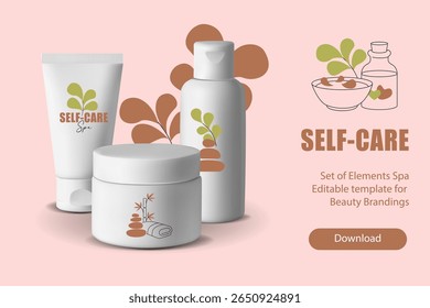 Spa and Self-Care Body Product Banner with Cosmetic Jars and Tubes for Wellness Brands. Vector editable template. Diversity in Beauty and Skincare