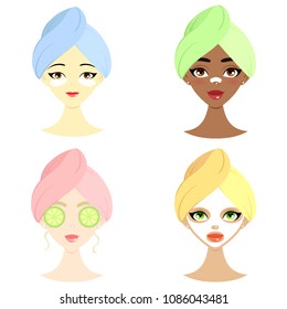 Spa set of beautiful women of different nation with mask, hydrogel eye patch, cucumber and mask for nos. Isolated vector illustration.