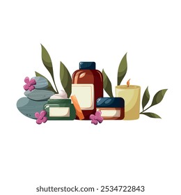 Spa set with bottles, jars, candles and spa rocks. Hand drawn vector illustration for banner, web or flyer. Collection of organic cosmetics with leaves and flowers