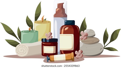 Spa set with bottles, towel, candles and spa rocks. Hand drawn vector illustration. Collection of organic cosmetics with leaves and flowers. Beauty, skincare, bodycare, cleansing concept