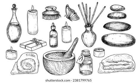 Spa set with bottles, towel, mortar and pestle. Hand drawn vector illustrations in black and white colors for clipart or beauty cosmetic design. Big bundle for aromatherapy or alternative medicine.