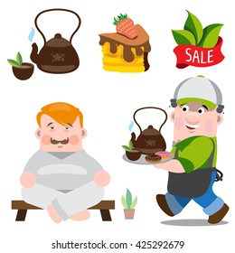 SPA set of color illustrations. Man drinks tea in the sauna.