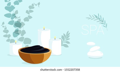 Spa set elements. Dead sea mud, eucalyptus leaves and scented candles,  white stones for massage.