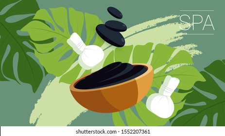 Spa set elements. Dead sea mud, black stones for massage, green tropical leaf  on green background.