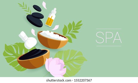 Spa set elements. Dead sea mud, black stones for massage, green tropical leafs  on green background.