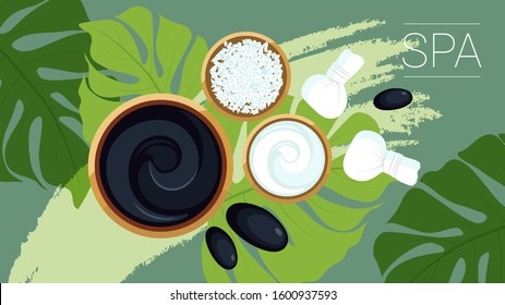 Spa set elements. Dead sea mud, black stones for massage, green tropical leafs on green background. View from above.