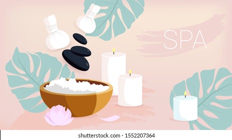 Spa set elements. Sea salt, Spa candles in pastel colors, spa stones tropical leafs.