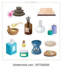 Spa set elements. Vector spa flat design. Spa stones tropical leafs. Vector illustration. The Oriental Spa.